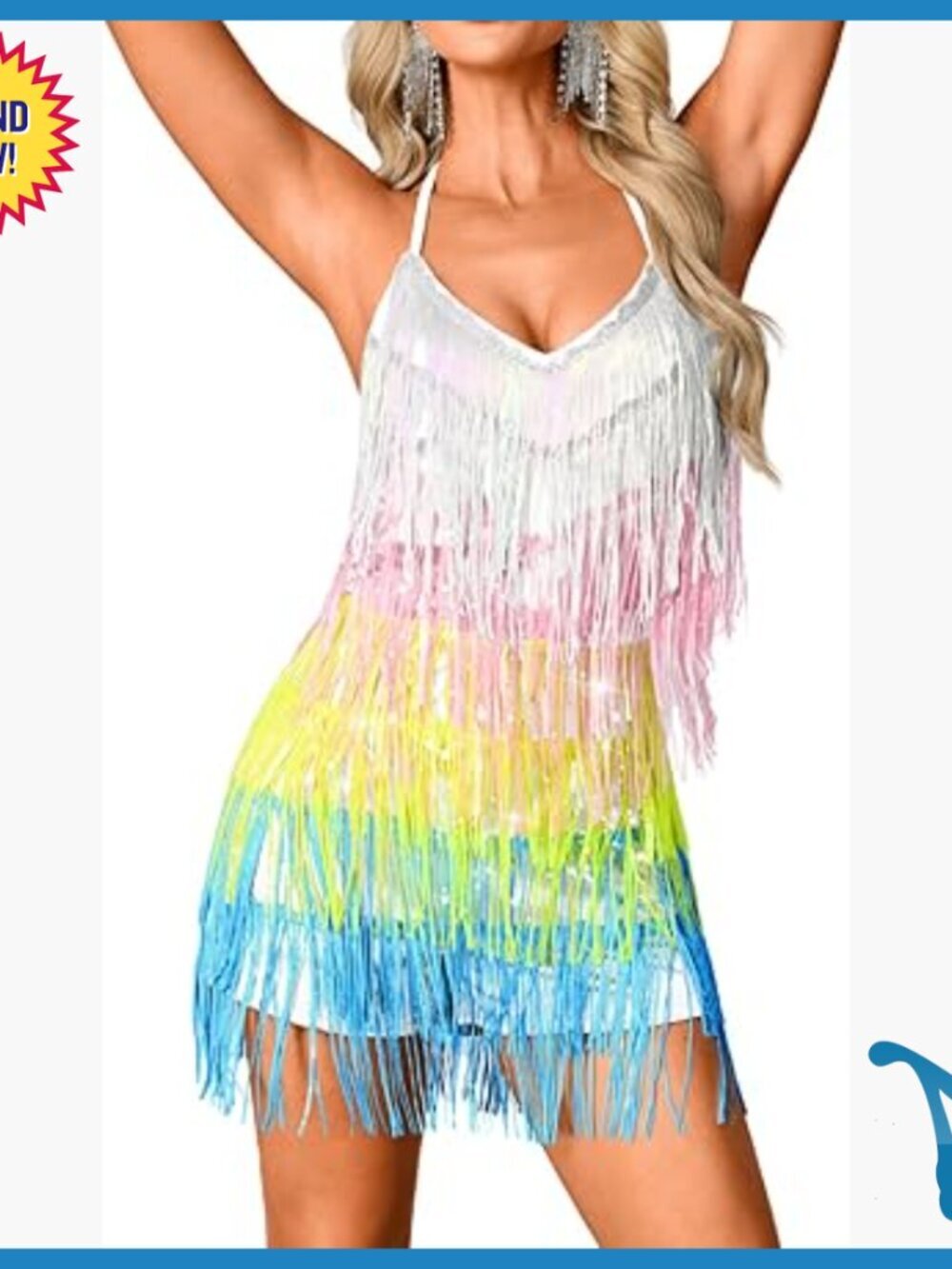 Sequin Fringe Romper, Open Back Halter Jumpsuit for Rave Festival